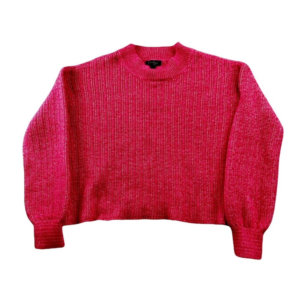 Jessica Simpson Ribbed Knit Cropped Mock Neck Sweater – Women's Size L– Hot Pink